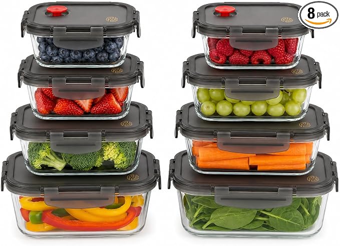 Borosilicate Glass Airtight Food Storage Containers with Vented Lids, Assorted Set of 8 (4 Rectangular & 4 Square)