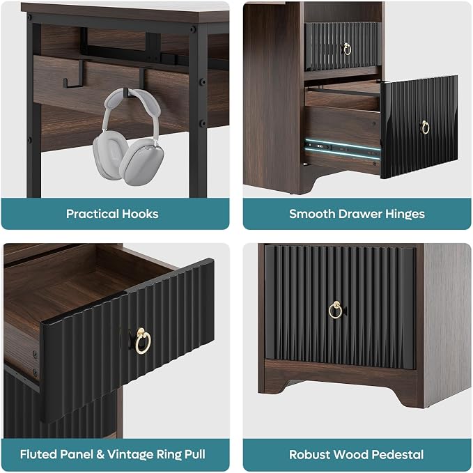 Bestier 55 Inch Wood Computer Desk with File Drawer & Keyboard Tray, Cherry | Fluted Panels, Ring Handles, File Drawer Letter/Legal, Storage Drawer, Keyboard Tray, Reversible, 2 Hooks, 150 Lbs, P2 Board