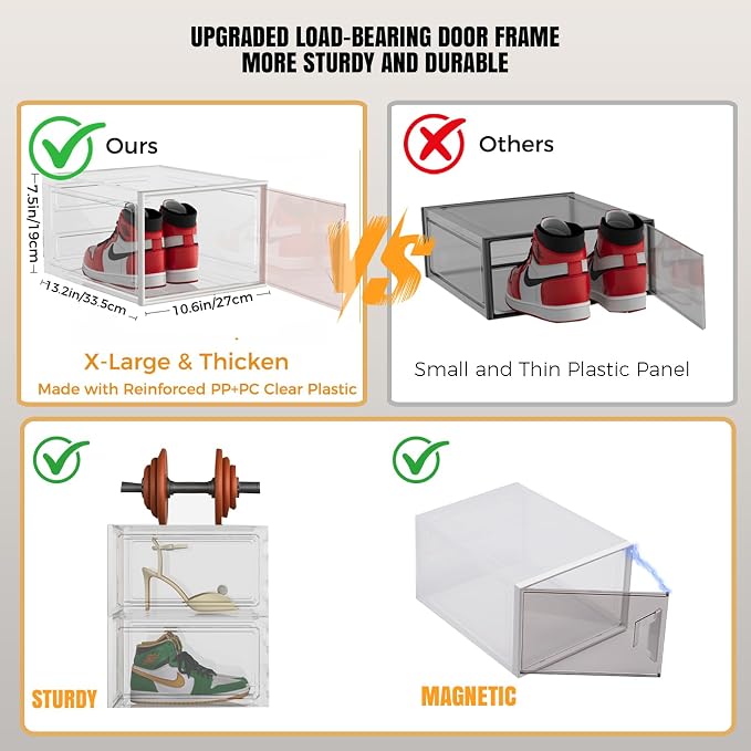 6 Pack Shoe Storage Box Organizer, Clear Thicken Stackable Plastic Shoe Boxes with Magnetic Door, Sturdy Shoe Containers for Sneakers Boots, Easy to Assemble, Fit up to US Size 12(13.2"×10.6"×7.5")