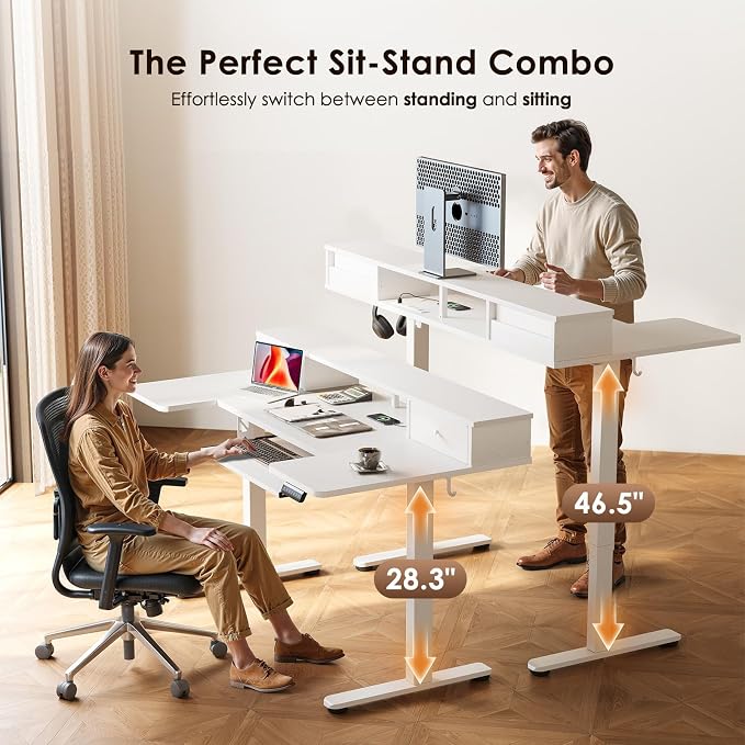 OffiGo 55 Inch U Shape Standing Desk with Keyboard Tray & Drawers, White | 3 Outlets & 2 USB Ports, Dual-Monitor Stand, 10 Colors & 10 LED Modes, 3 Presets, 28.3"-46.5"in Range, 154 lb Capacity