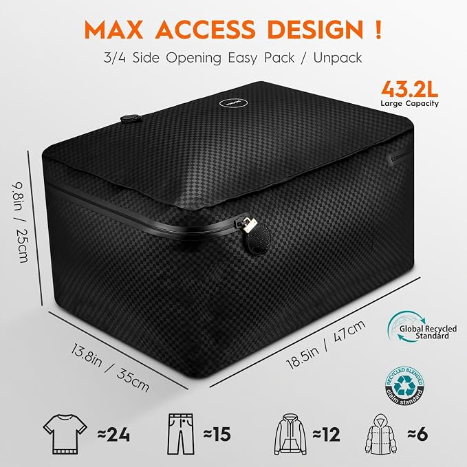 43L Max Capacity Vacuum Suitcase Compression Bags with Wireless Pump - Space Saver Bags for Travel Luggage, No Checked Baggage, Reusable, IP68, Fits 20/24/28 Inch Suitcases (No Tracker)