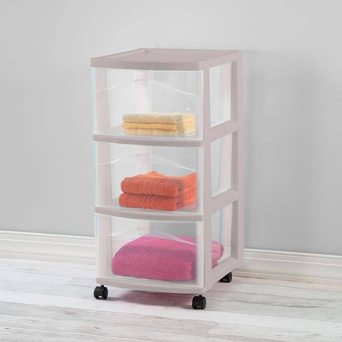 Sterilite 8 Pack 3 Drawer Storage Cart, Rolling Organization, Grey Pumice | Clear Plastic Organizer Drawers with Wheels for Craft Supplies, Bath Essentials, or Home Accessories