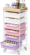 SYKIARIOL Utility Cart with 6 Labeling Drawers and Wooden Tabletop – Rolling Storage Cart for Crafters, Artists, Kids, Teachers, and Students – Organize Arts, Crafts, Sewing & Study Supplies