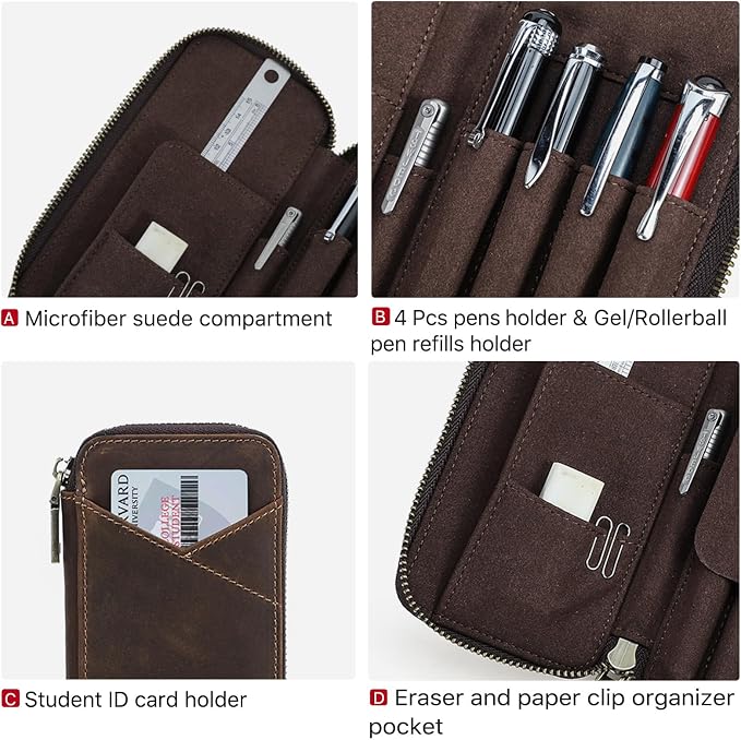 CONTACTS Full Grain Crazy Horse Leather Pencil Case Handmade Vintage Zipper Pen Holder Pouch with Card Slot Pens Organizer Pockets Stationery Bag for Men