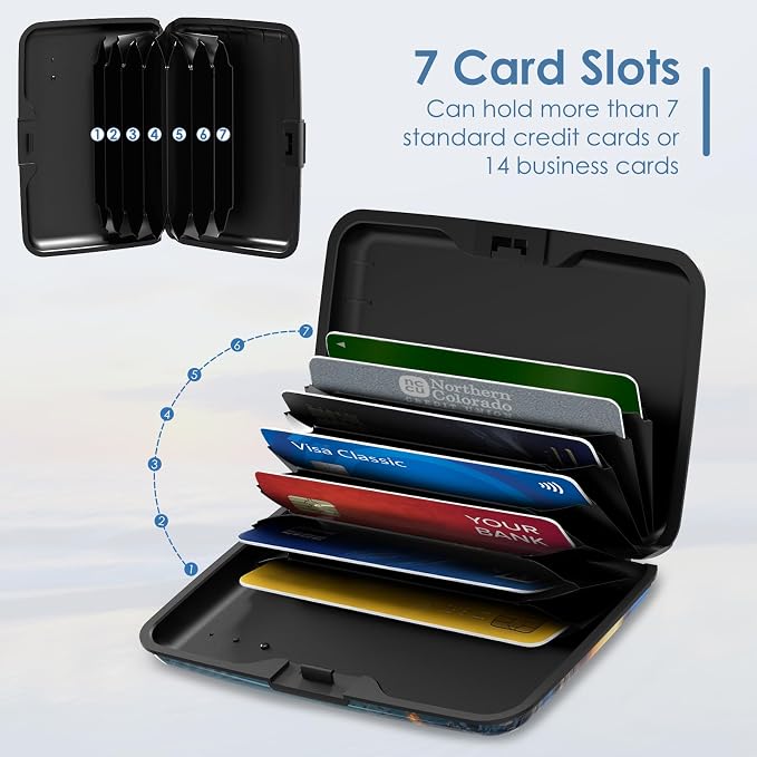 Credit Cards Holder, RFID Blocking Aluminum Wallet Slim Metal Hard Case Mini Travel Wallet ID Case for Women Men, Seaside Sunset
