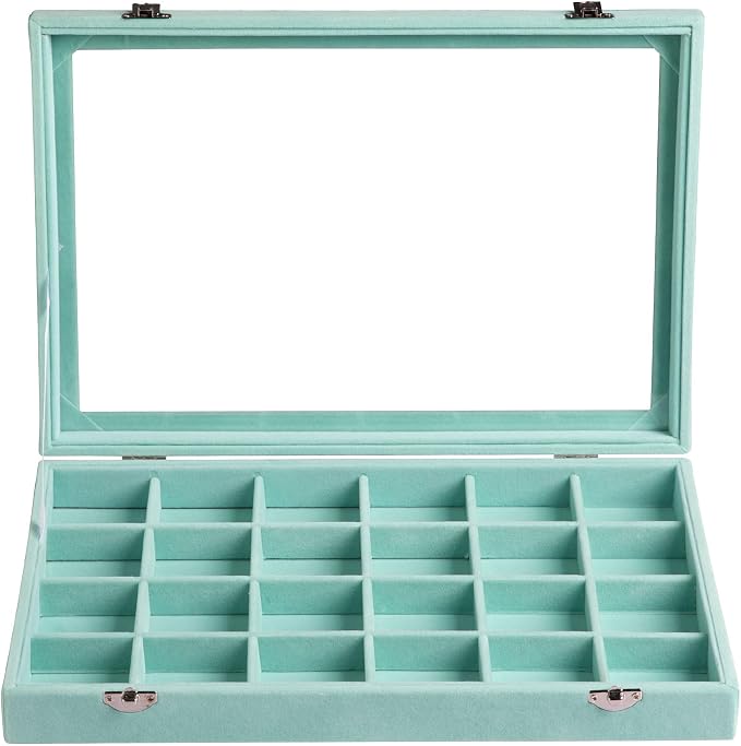 Frebeauty 35 Grid Earring Organizer,Velvet Jewelry Tray with Clear Lid | Drawer Jewelry Organizer for Rings Studs Beads,Adjustable Dividers,Dustproof Design,Earring Storage,Trinket Box,13.8×9.5Inch