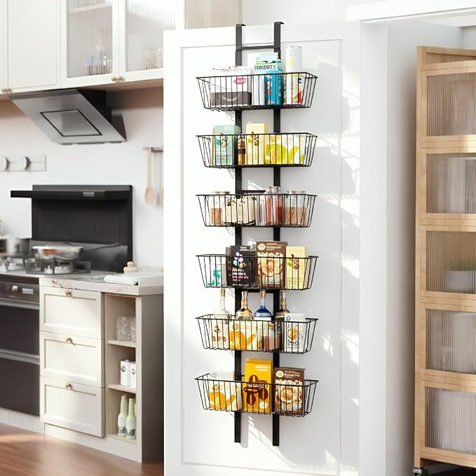 6-Tier Over The Door Pantry Organizer, Metal Hanging Storage Shelf Spice Rack with Adjustable 6 Baskets, Space-Saving Behind Door Organizer for Kitchen, Bathroom, Laundry Room, Black