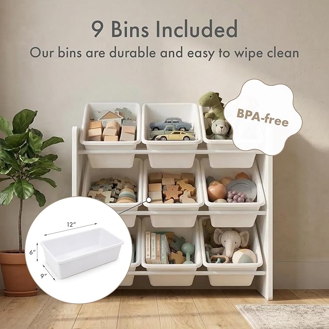 Humble Crew Toy Storage Organizer with 9 Removable Storage Bins for Kids Playroom, 3-Tier Toddler Toy Organization and Storage, White/White