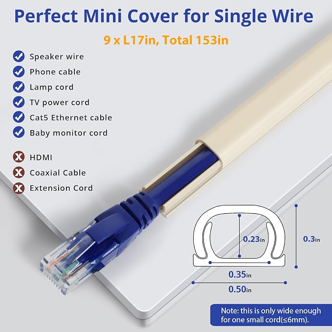One Cord Cover Wall 153in(9X L17in) - Mini Wire Hider, Wire Cover for Hiding Speaker Wire, Baby Monitor Cord - Paintable Wire Channel for Cable Concealer, W0.5in H0.3in, CMR05 Beige