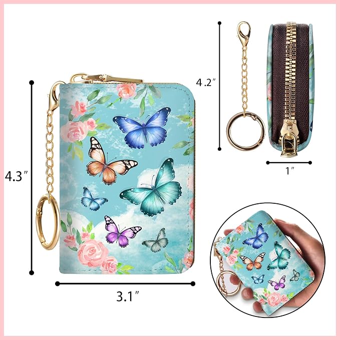Blusabaca RFID Credit Card Holder Small Women Travel Wallet, Butterfly | Removable Keychain, Case with Zipper, Vegan PU Leather, Cash Coin Pocket, Business Accordion Purse, Ladies Female Gift