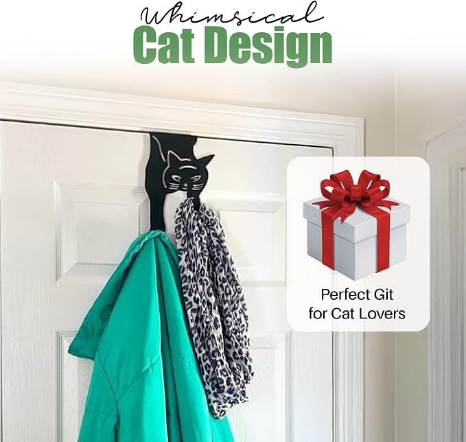 Evelots Cat Over The Door Hooks for Hanging - Black - Over The Door Organizer - Strong Metal Hooks
