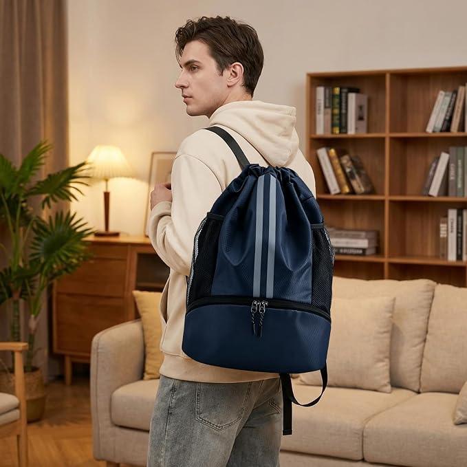 Navy Blue Sports Drawstring Backpack with Shoes Compartment, String Gym Bag with Wet Proof Pocket for Basketball, Soccer, Swim, Sport Bag for Men and Women
