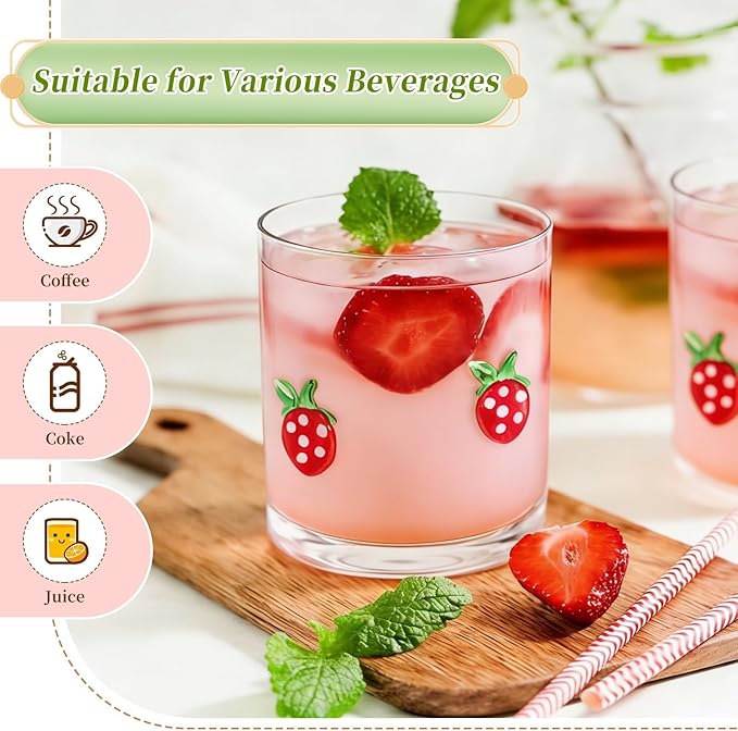 14 Ounce Icon Juice Glasses, Aesthetic Cocktail & Old Fashioned Drinking Glasses, Iconic Clear Glass Cups for Women, Sister, Friend & Party Gifts (Strawberry)