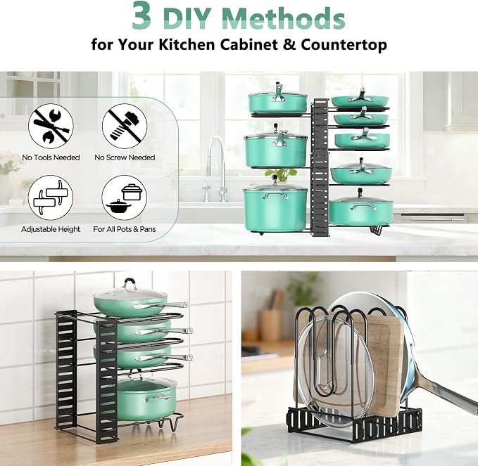 ORDORA Pots and Pans Organizer under Cabinet, 8 Tier Pot Organizers Rack Expandable 11.65" to 19.02" Height with 3 DIY Methods, Adjustable Pan Organizer inside Cabinet Kitchen Storage Organization