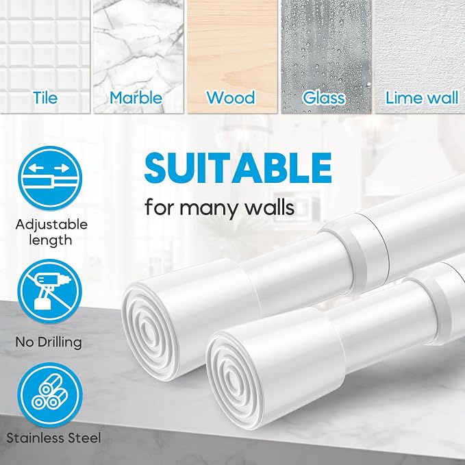 AIZESI Spring Tension Curtain Rod 32 to 58 inch Adjustable Curtain Rods No Drilling Expandable Spring Loaded Curtain Rod for Windows Doors, White