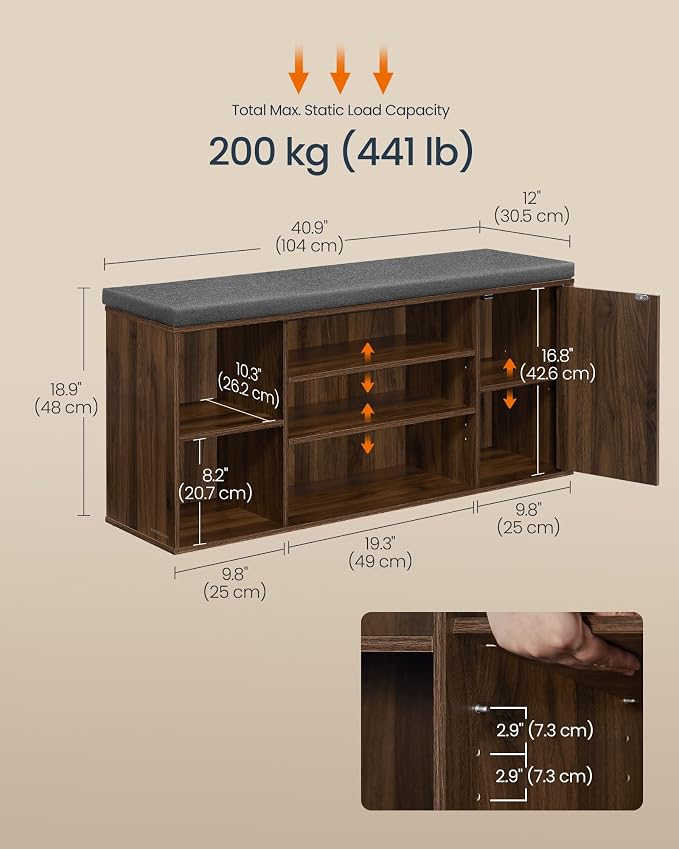 SONGMICS Home Storage Bench, Snapsemble Superfast Assembly, 41" Wide Entryway Shoe Bench with Cushion & Adjustable Shelves, Shoe Rack Cabinet, Natural Walnut and Slate Gray ULHS391KE04S