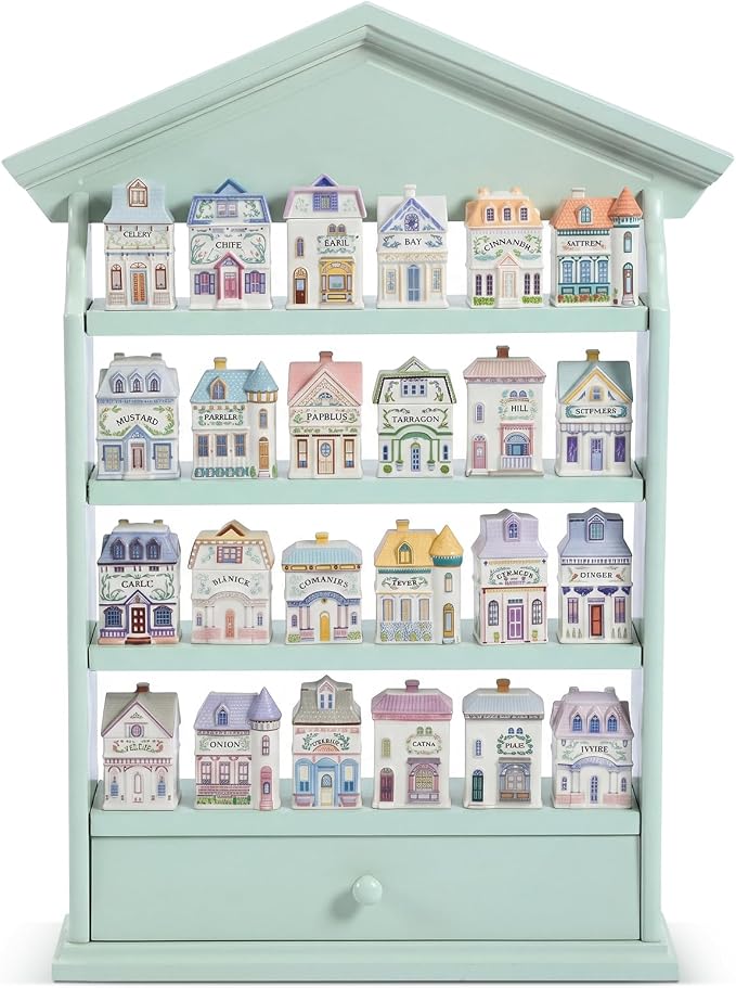 Chunful Vintage Spice Jar Wooden Rack with 4 Tier Hanging Spice Rack Wall Mounting Kitchen Storage Village Style Display Shelf for 24 Jar, Christmas Wedding Bridal Gift, Shelf Only(Classic Sage Green)