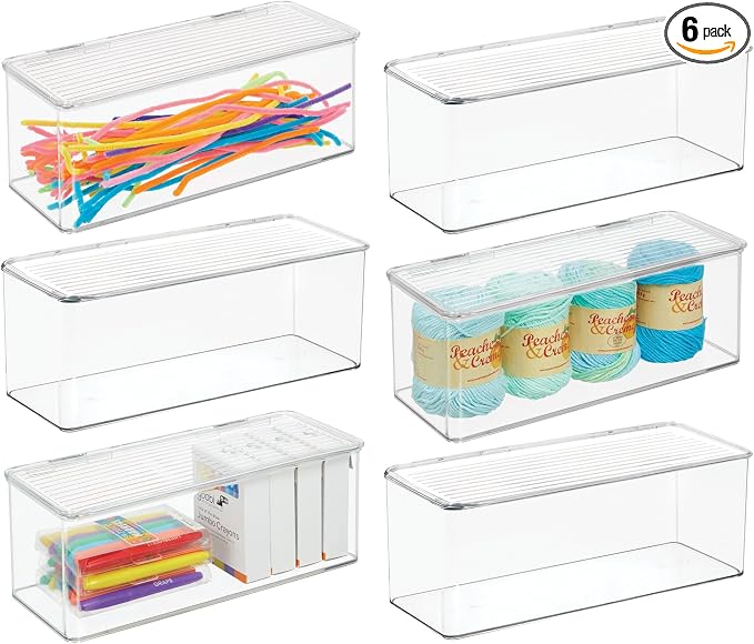iDesign Plastic Stackable Hinged-Lid Storage Box, Set of 6, Clear | For Kitchen, For Bathroom, For Office