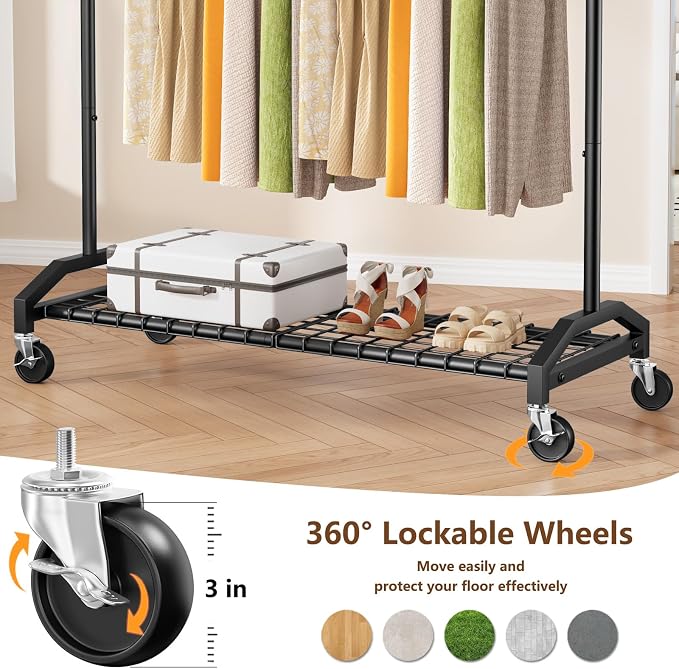 Wiracks Heavy Duty Clothes Rack for Hanging Clothes 350lbs Clothing Rack 3" industrial Wheels 51 to 71" W x 16.53" D x 65" to 71" H Adjustable Rolling Clothes Rack Coat Rack Garment Rack Black