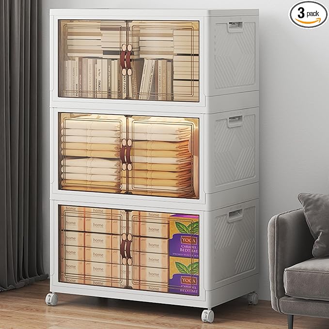 UAMFURI Stackable Storage Bins with Lids, 360QT Closet Organizers, Lockable Storage Cabinet，Foldable Storage Box with Doors and Wheels, Plastic Drawers for Home, Garage, Office (3, White, Large)
