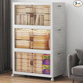 UAMFURI Stackable Storage Bins with Lids, 360QT Closet Organizers, Lockable Storage Cabinet，Foldable Storage Box with Doors and Wheels, Plastic Drawers for Home, Garage, Office (3, White, Large)