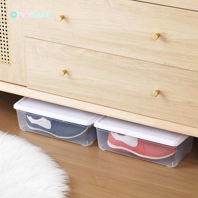6 Quart Stackable Plastic Storage Shoebox, BPA-Free Nestable Container with Latching Lid to Organize Shoes, See-Through Box for Home and Office, Multi-Purpose Clear Bins (White, 12 Pack)