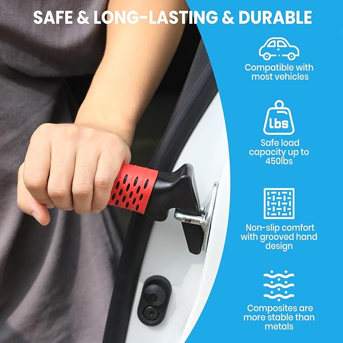 CAidRE Car Door Handle for Elderly, Car Handle Assist Support, Portable Elderly Assistance Mobility Aids for Getting Out of Car, Auto Grab Cane Nylon Strap for Seniors and Handicapped, Red