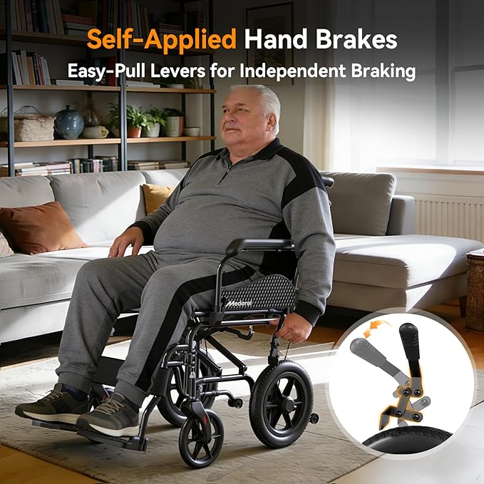 Lightweight Transport Wheelchair for Adults, Versatile Transport Wheel Chair, Supports 300 lbs, Self-Braking, Foldable & Portable, for Seniors, Elderly and Disabled