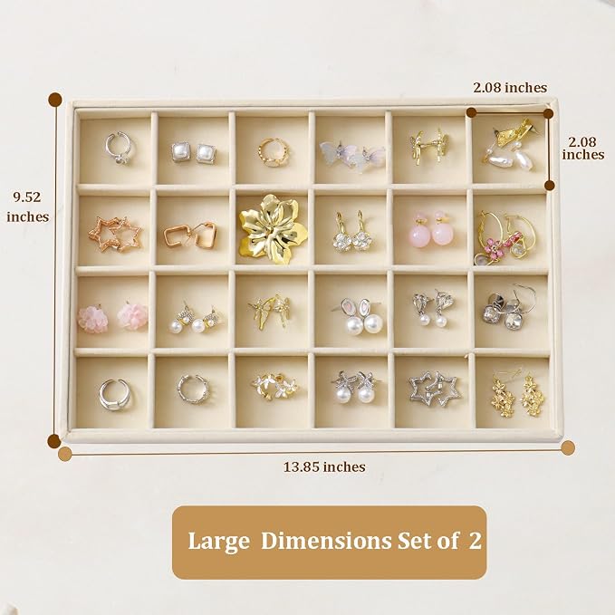 Large Stackable Jewelry Tray 4 Pack Velvet Jewelry Display Drawer Inserts Trays Organizer for Earring Bracelet Necklace Ring (Beige, 24 Grids)