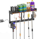 Broom Holder Wall Mount with Shelf, Black, L | 3 in 1 Broom and Mop Organizer, Wall Hanging, For Laundry, Garage, Utility, Vacuum Stand Alternative