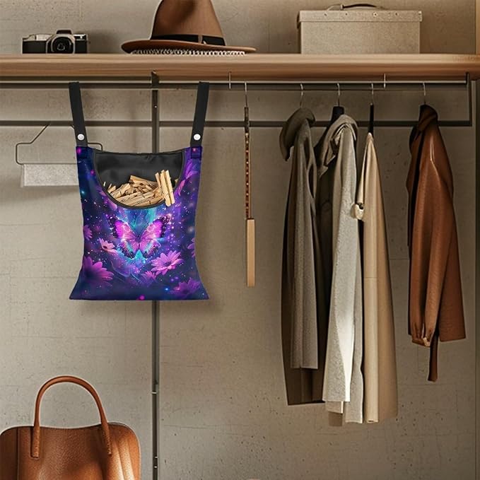 Purple Butterfly Clothes Pin Bag Flroal Clothes Pin Hanging Bag Fashion Clothespin Organizer Bag Portable Clothespin Storage with Large Opening Clothespin Storage for Small Items