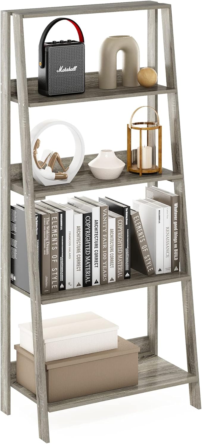 Furinno Ladder Book Shelf, 5-Tier Ladder Shelf, Bookshelf, Display Storage Shelves, 13 x 23.6 x 53.5, for Living Room, Home Office, Grey Oak