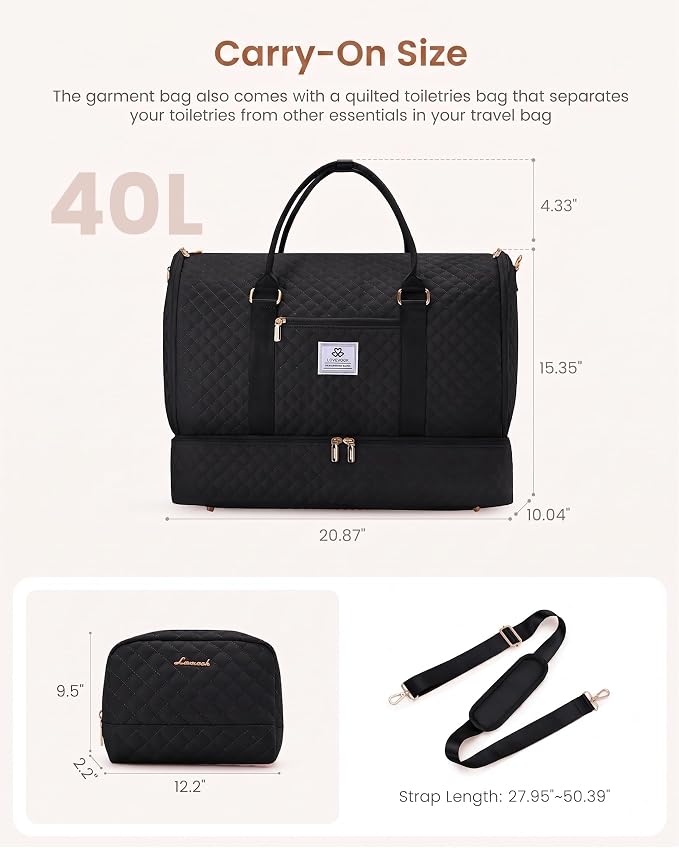 LOVEVOOK Convertible Garment Bag for Travel with Shoe Compartment, Carry On Garment Duffel Bag with Toiletry Bag, 2 in 1 Hanging Suitcase Suit Bag, Weekender Bag for Women Travel, Wedding, Black