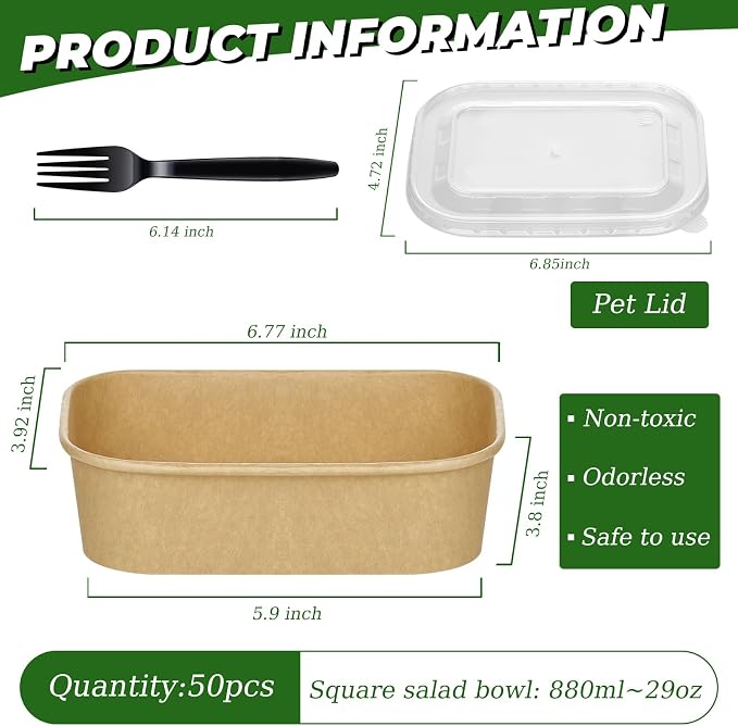 50-Pack 29oz Disposable Kraft Paper Bowls【with Lids and Forks】,Meal Prep Containers Disposable Deli Containers Disposable Soccer Party Food Trays Take Out Containers, Microwave Safe for Hot/Cold Food