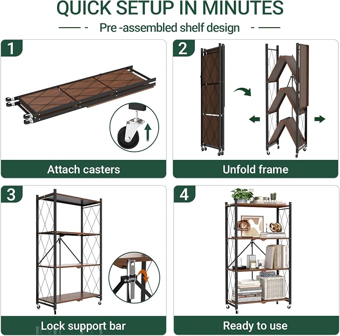 black leopard 4-Tier Foldable Shelf with Wheels, Wood-Grain Steel Shelves | Pre-assembled frame unfolds in seconds with tool-free wheel setup for fast, convenient use