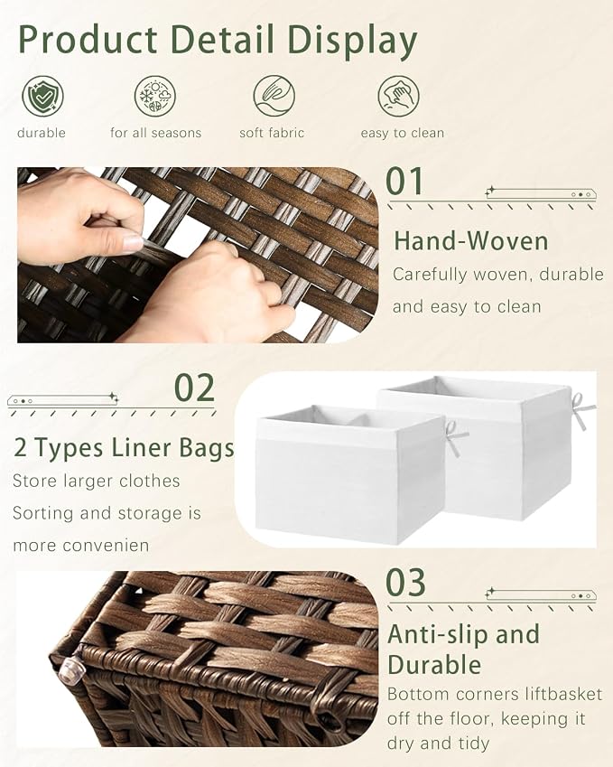 SETVSON Storage Basket with Lid Rattan Storage Basket with 2 Separate Lid, 27.8 Gallon (105 L) 25.2 * 15.4 * 16.1 Inches Woven Wicker Baskets with 2 Liners and Handles for Bedroom Laundry-Brown