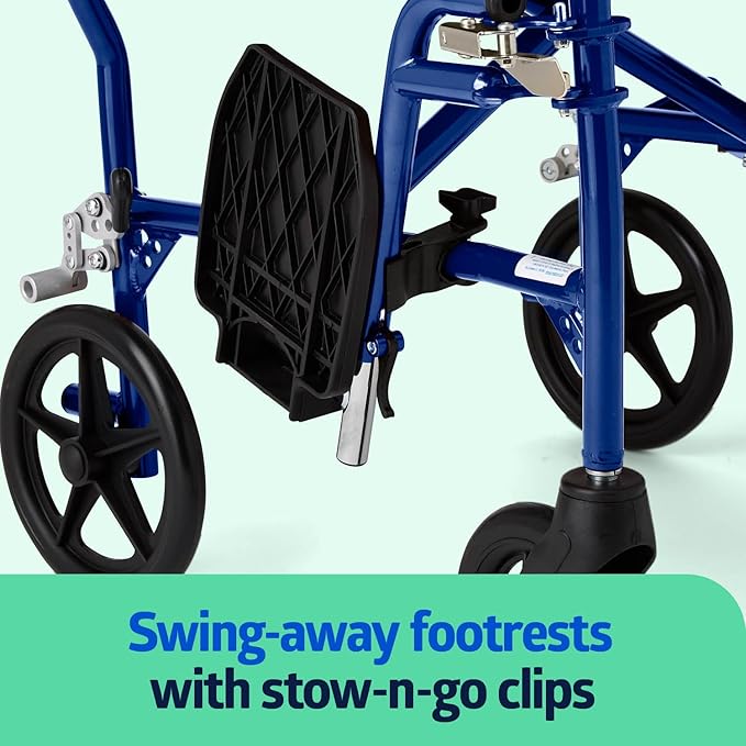 Medline Ultra Lightweight Transport Wheelchair for Adults and Elderly, Foldable, 19-Inch Seat Width, Blue Frame, Black Upholstery, 300 lb Capacity