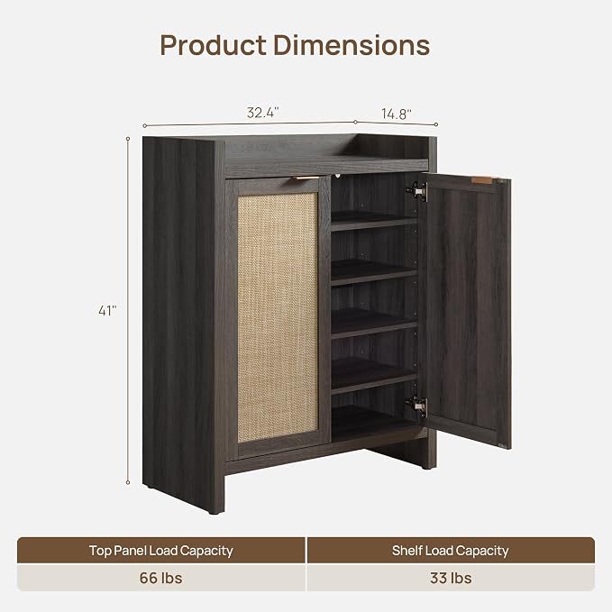 SICOTAS Shoe Cabinet Set of 2, Large Capacity Shoe Storage Organizer Cabinet, Tall Rattan Shoe Cabinet with Doors and Shelves, 6-Tier Farmhouse Boho Wooden Storage Cabinet for Entryway, Black Oak