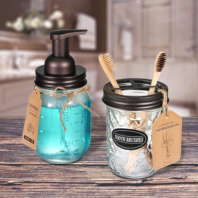 Amolliar Mason Jar Foaming Soap Dispenser Pump Lid, Refillable Plastic Pump, Rustproof Stainless Steel Lid for Regular Mouth Jar, Cute Farmhouse Decor, Hand Soap for Bathroom, Kitchen, Bronze 4 Pack