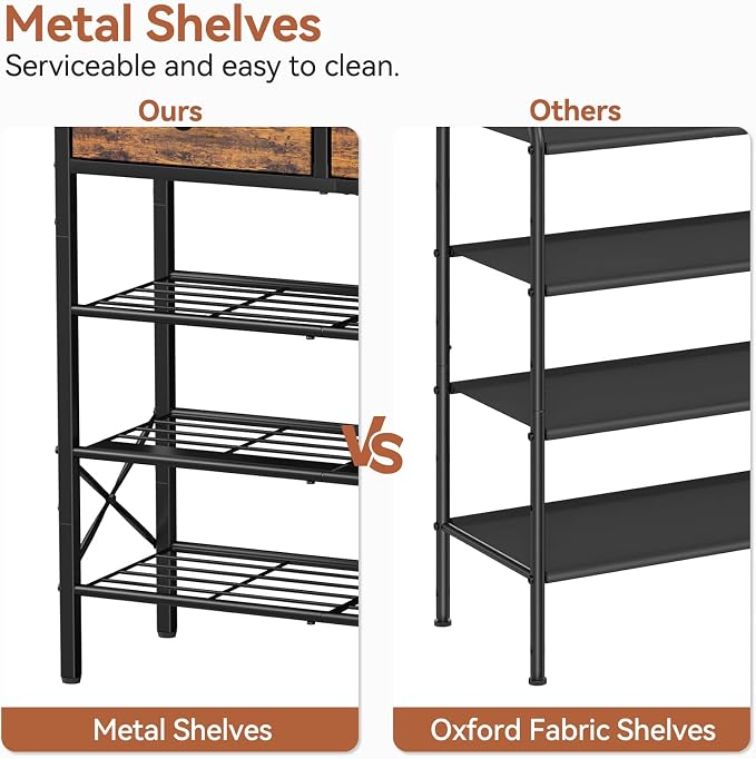 Shoe Rack for Entryway, 4 Tier Shoe Organizer with 2 Non-woven Drawers, Metal Storage Shoe Shelf for 12-16 Pairs of Shoes, with Wooden Top and Steel Frame, Shoe Stand for Closet Rustic Brown