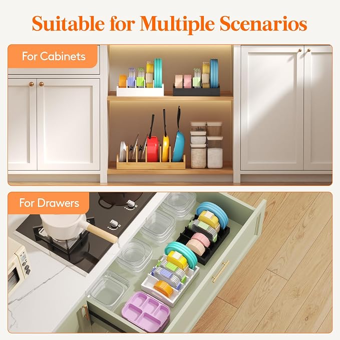 Lifewit Bamboo Lid Organizers for Inside Cabinet, Food Storage Container Lid Holder with 4 adjustable Inserts & 5 Compartments, Lid Storage for Kitchen Pantry Organization, 10.6" X 8.3", Black
