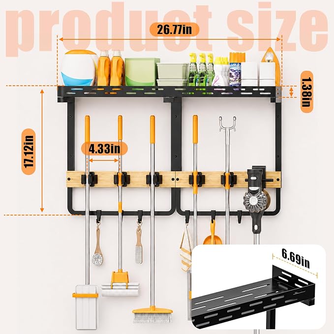 Large Broom Holder Wall Mount with Shelf, Mop Tool Organizer | 5 grippers, 6 hooks, vacuum slot, bamboo board, spray bottle tray, garage utility use