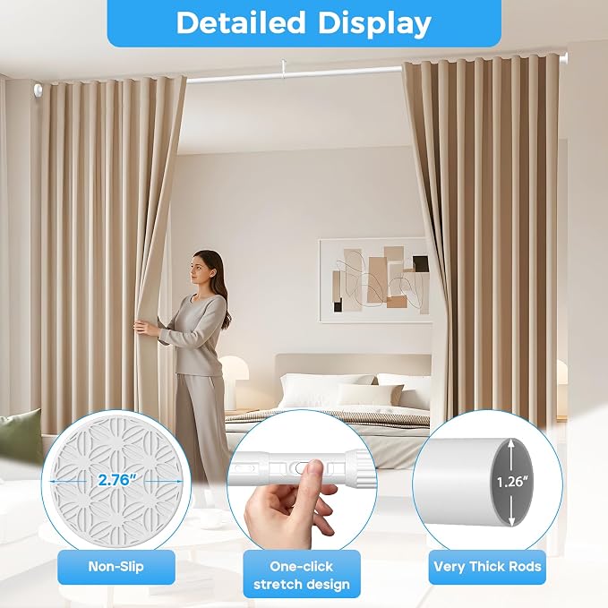 AIZESI 41-165 Inch Heavy Duty Tension Curtain Rod - No Drilling, Adjustable, Rust-Resistant for Outdoor, Living Room, Window, Bathroom (White, 41" to 165"|2PACK)