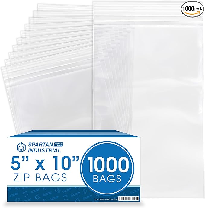 Spartan Industrial - 5” X 10” (1000 Count) 2 Mil Clear Reclosable Zip Plastic Poly Bags with Resealable Lock Seal Zipper