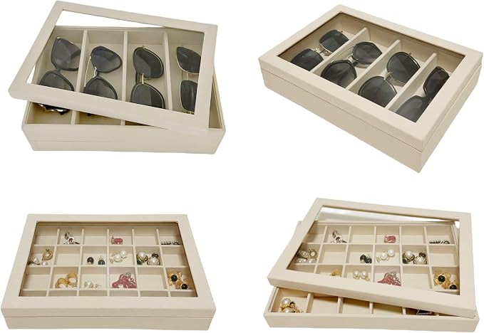 See-Through Transparent Top Lid for Beige Velvet Jewelry Organization Trays
