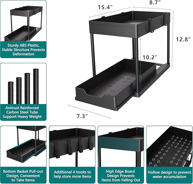2-Tier Multi-Purpose Pull-Out Home Organizer – Under-Sink & Cabinet Sliding Storage for Kitchen & Bathroom – Durable, Space-Saving Design – Black (1-Pack)