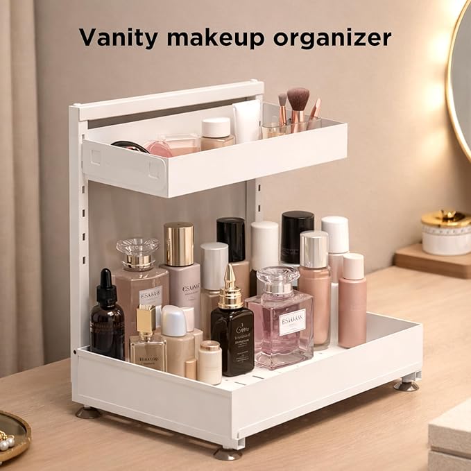 Under Sink Organizer Bathroom Kitchen: 2 Pack 2 Tier Metal Under Cabinet Storage with Height-adjustable Shelf and Pull out Rack for Pantry Vanity Cupboard Counter Countertop