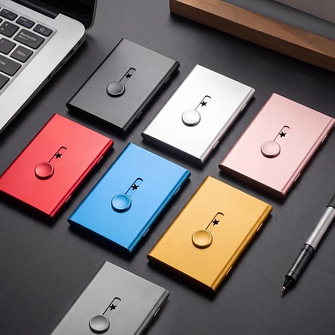 Tatuo 7 Pcs Multicolor Thumb Drive Business Card Holder Stainless Steel Business Name Card Case Portable Slide out Name Holder Wallet Nice Design Pocket for Men and Women