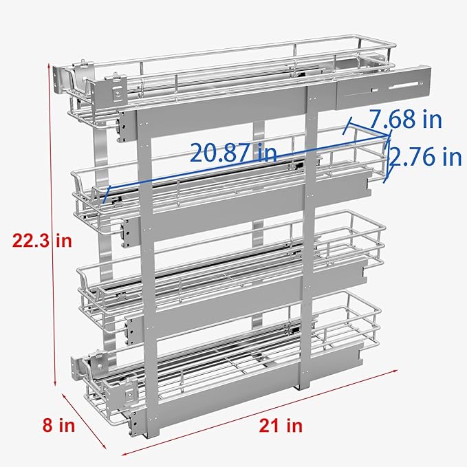 Sikarou 4-Tier 8" W x 21" D Narrow Pull Out Cabinet Organizer, Roll out Spice Rack Holder Shelve, Slide Out Slim Storage Wire Baskets for Storage Organization
