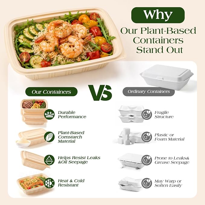 100 Piece (50 Pack) Meal Prep Containers with Lids,32 oz Resuable Cornstarch Material Salad Containers, Plant-based Lunch Boxes, Plastic Take Out Bowls BPA Free, Microwave Freezer Safe, Stackable